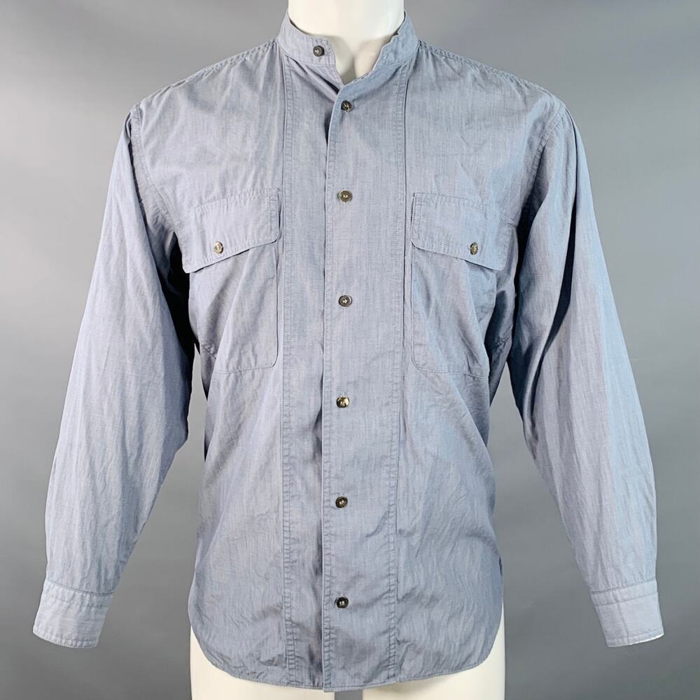ISSEY MIYAKE Vintage Size M Blue Chambray Cotton Nehru Collar Long Sleeve Shirt